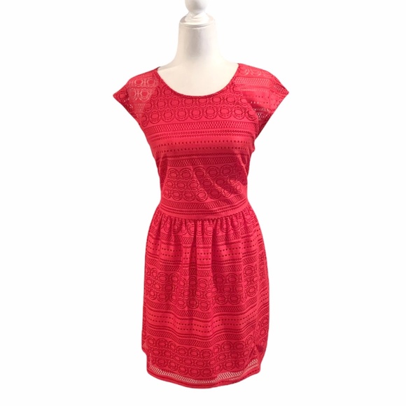buttons Dresses & Skirts - buttons Red Lace Cap Sleeve fit and flare Dress